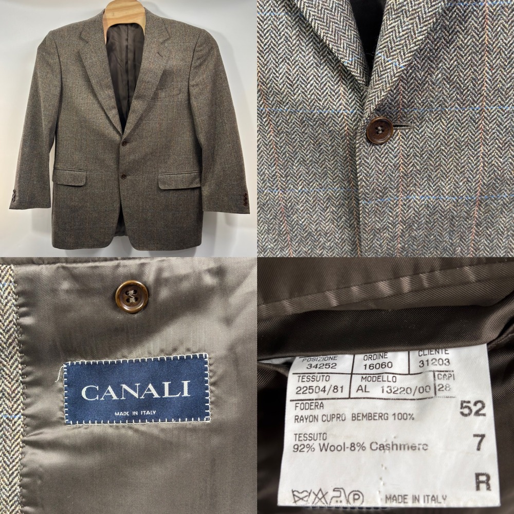 Canali Cashmere Lana Wool Blazer 52R 42R Brown Herringbone Windowpane Italy